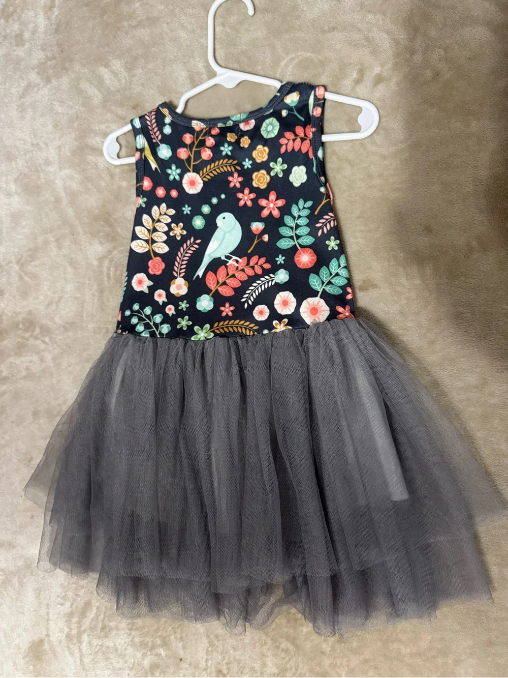 Girls Navy Floral Bodice Dress with Gray Tulle Skirt and Pink Bow
